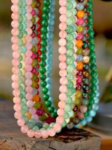 Bohemian Style Natural Stone Necklace, Elegant & Delicate 8mm Colorful Beryl & Rose Quartz Choker, Natural Healing Crystal Jewelry To Soothe Emotions And Balance Energy (Natural Stone Color Random)