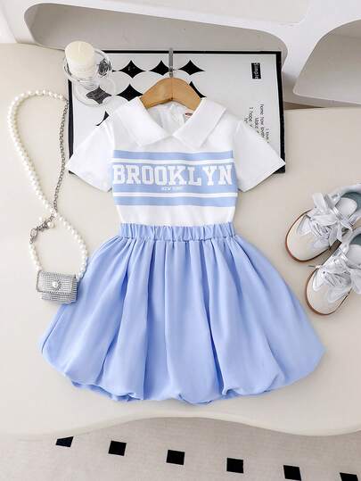 2 件套年轻女孩校园风格字母印花 Polo 领短袖上衣和荷叶边下摆裙子套装，夏季