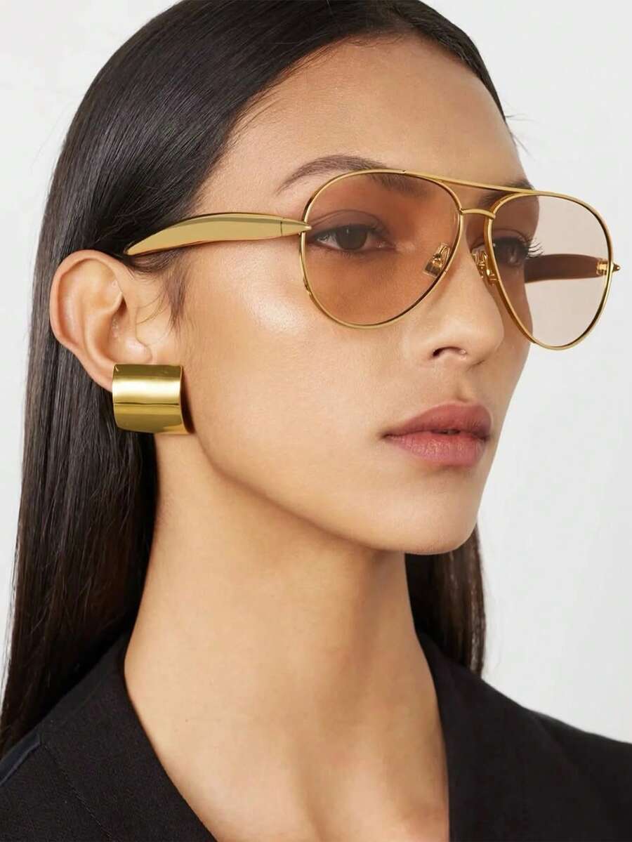1pc Large Frame Double Beam Metal Fashion Glasses Toad Glasses Advanced Retro Personalized Versatile Fashion Glasses Suitable For Daily Wear Street Photography Vacation Travel Summer Beach Accessories For Summer Beach Vacation, Outdoor, Travel Shades Vintage Style Oversized Aviator Frame For Going Out Outfit,Back To School - 香檳色 - 查看 1