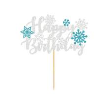 1pc Sliver Blue Glitter Snowflake Happy Birthday Cake Topper For Frozen Snowflake Theme Birthday Party Cake Decorations Topper - Silver - View 2