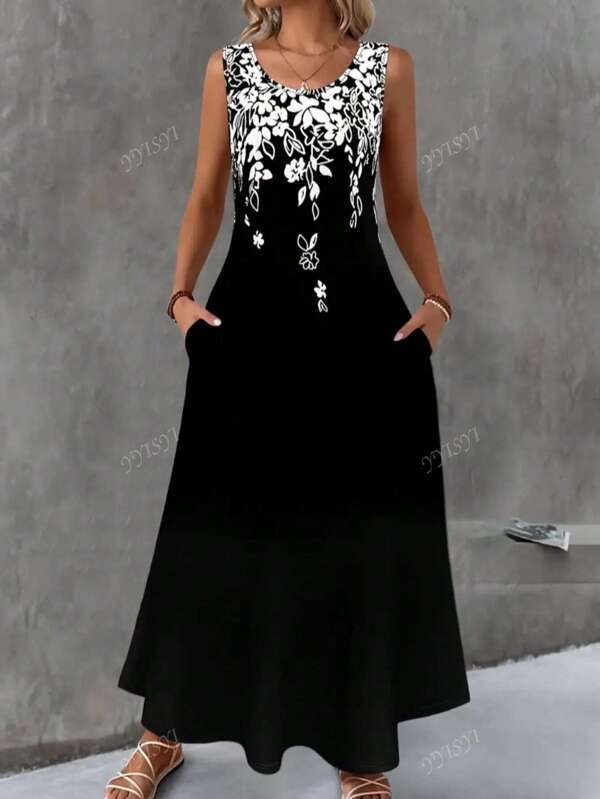 Damen Sommerkleid, modisches ärmelloses Blusenkleid mit Blume Muster, Rundhalsausschnitt mit Tasche, Lässig, figurschmeichelnd, Große Größen, Damenkleid
