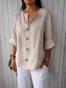 Blusa de verano de cuello en V - Camisa suelta de unicolor con mangas 3/4 enrolladas, cinturón y botones - Beis - Ver 4