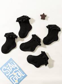 1/5 pares de meias de cor sólida para bebês meninas primavera/verão, meias curtas fofas antiderrapantes com acabamento em renda, macias e confortáveis, respiráveis, adequadas para feriados, presentes ou uso diário