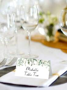 24pcs Floral Pink & Green Themed Foldable Wedding Place Cards, Suitable For Wedding Reception, Party, Birthday, Can Be Written On