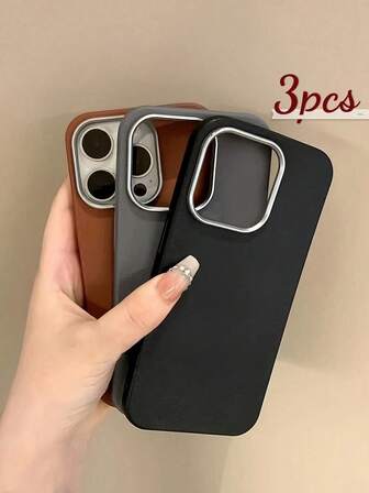 3 件装奢华皮革质感手机壳，适用于 13、14、15、16 Pro Max、Galaxy、黑色、灰色、棕色
