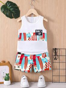 2pcs/Set Young Boy Casual Surfboard Print Sleeveless Crew Neck Top And Shorts Set, Suitable For Summer Vacation And Outdoor Daily Wear