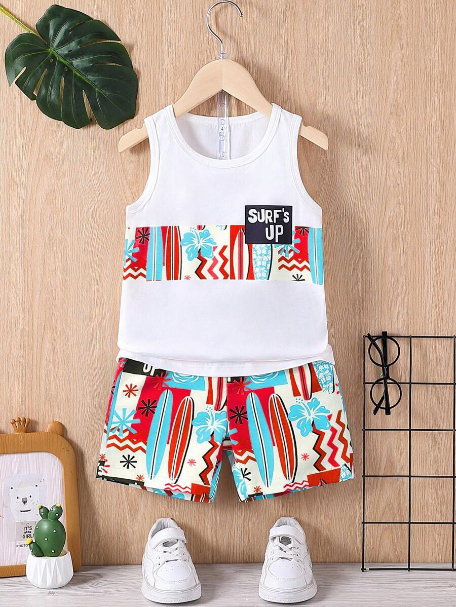 2pcs/Set Young Boy Casual Surfboard Print Sleeveless Crew Neck Top And Shorts Set, Suitable For Summer Vacation And Outdoor Daily Wear