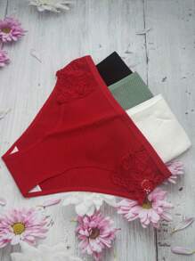 Set de 4 bragas tipo bikini de algodón con encaje y punto de canalé, transpirable