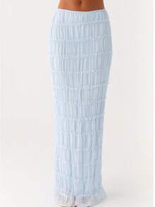 Women Y2k 2 Piece Maxi Skirt Set Lace Short Sleeve Top And Tiered Flowy Ruffle Long Skirt Beach Sheer Outfits - 藍色 - 查看 7