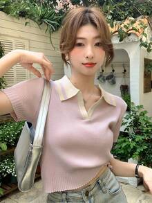 Summer Elegant French Chic Colorblock Polo Collar Knit Short Sleeve T-Shirt, Casual Collegiate Commuter Top For Women - Purple - View 4
