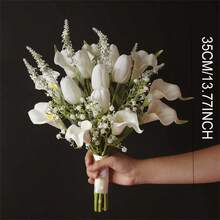 1束白色新娘婚礼花束，人造触感郁金香伴娘花束，新娘花束，结婚周年装饰，生日派对用品，房间装饰，毕业礼物夏季海滩礼物返校学校用品