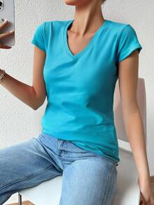 Playera dama mujer basica manga corta cuello V algodon fresca ligera - Turquesa - Ver 3