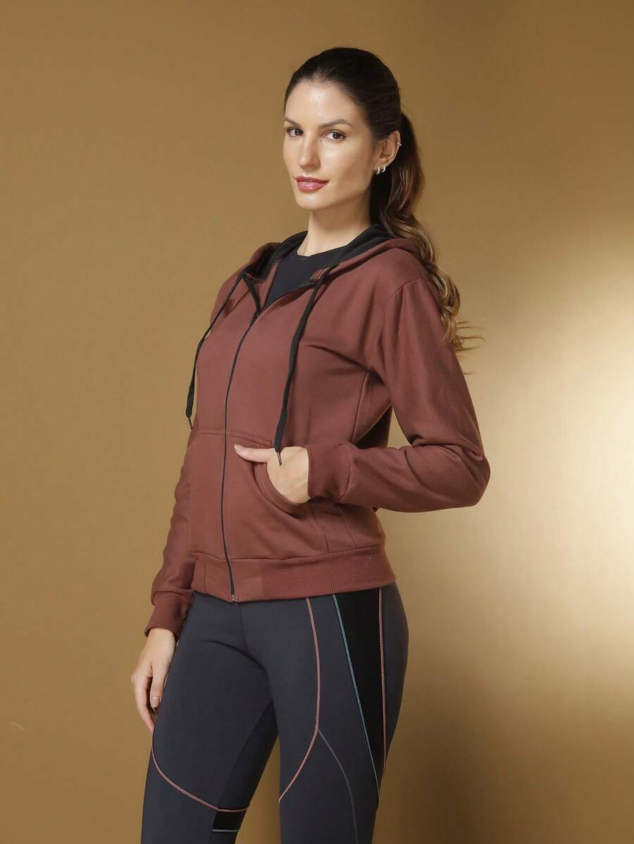 Women's Cold Weather Blouse Sweatshirt Coat With Zipper And Plain Hood Various Colors - 棕色 - 查看 1