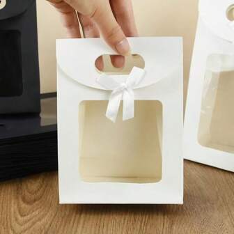 3/6pcs Rectangular Gift Bags, Kraft Paper Gift Bags With Bow And Clear Window, White Storage Bags, Christmas & New Year Gift Wrapping & Storage, Festive & Wedding Gift Supplies, Valentine's Day Wedding Decorations
