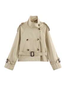 2025春秋欧美风女式风衣领带双排扣口袋夹克 - 卡其色 - 查看 3