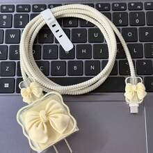 Bộ 5 Vỏ bảo vệ tương thích với Bộ sạc Apple 20W, có Đầu sạc nơ 3D dễ thương và Bộ bảo vệ cáp điện thoại, Tương thích với Bộ chuyển đổi bộ sạc 16/15/14/13 Vỏ mềm chống trầy xước Bộ bảo vệ bộ sạc - Màu vàng - Xem 5