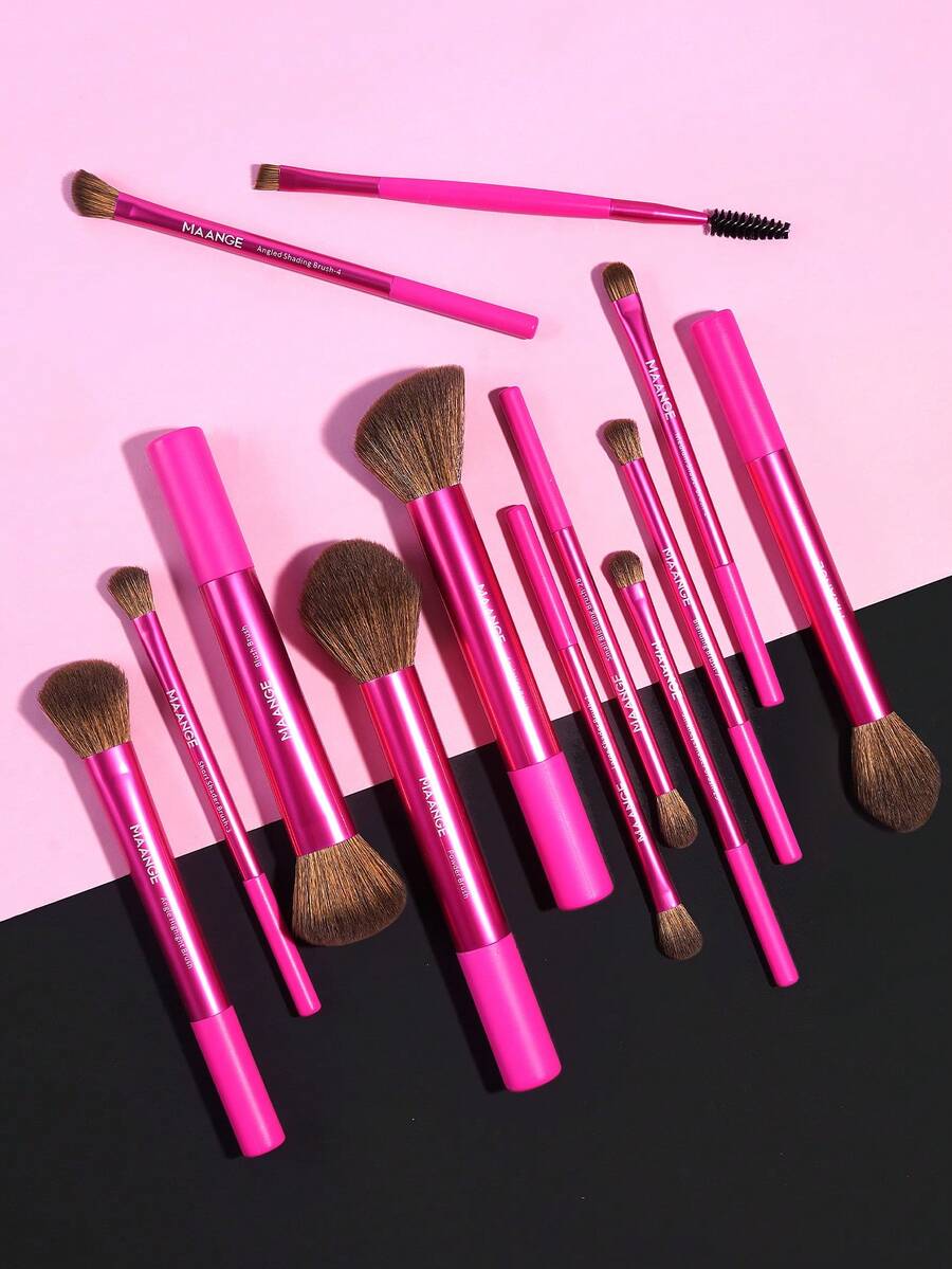 MAANGE 13pcs Professional Soft Aluminum Tube Makeup Brush Set,Soft Foundation Brush, Eyeshadow Brush, Eyebrow Brush, Blending Brush,Highlight Brush,Concealer Brush,Makeup Brush For Powder Liquid Cream,For Daily Use And Travel,Makeup Accessories Gifts For Friends - 玫紅色 - 查看 1