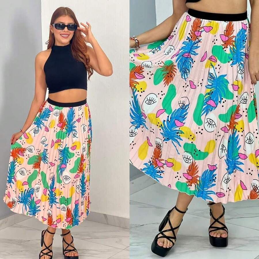 Falda Larga de Mujer  Falda Larga de Estampado de Moda Falda Plisada Primavera Verano - Rosa Pálido - Ver 1