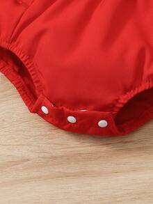 女童可爱镂空无袖立领西瓜刺绣连体衣 + 头带，2 件套夏季休闲百搭套装