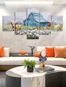Juego de 1 pieza/5 piezas, Arte de pared en lienzo de estilo rústico y granja, Arte de pared retro contemporáneo clásico con marco, Impresión de paisaje de vaca y granero, Póster de flores silvestres de primavera y invierno, Decoración de pared estética para sala de estar, dormitorio, oficina - Impresión artística enmarcada - color - Ver 6