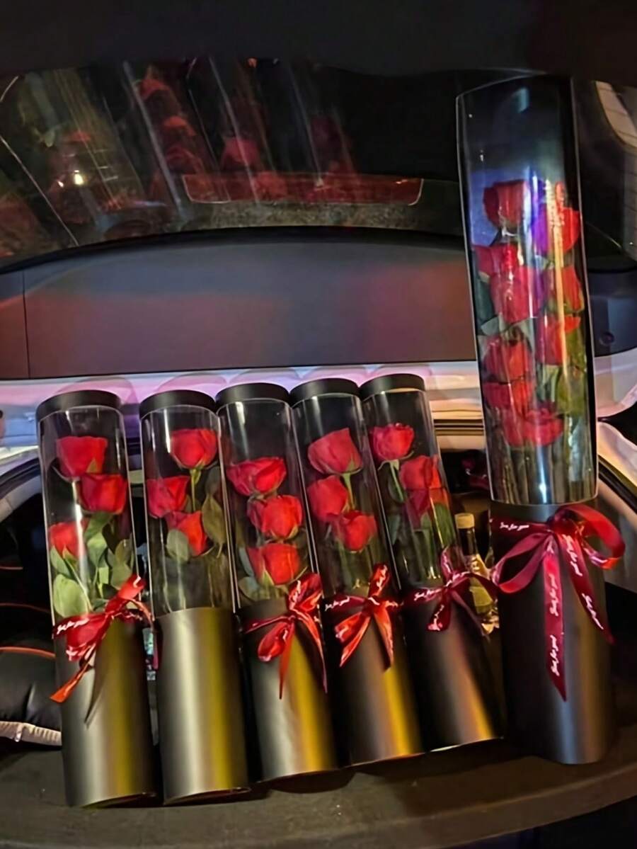 5/10 件花卉礼盒，玫瑰花保鲜圆管盒，玫瑰花礼盒包装，浪漫爱情表达，迷人玫瑰盒包装袋 - 黑色小號 - 查看 1