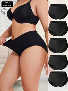 HANQIYA 5pcs/Pack Women Plus Size High Waist Cotton Solid Color Full Coverage Comfortable Casual Briefs