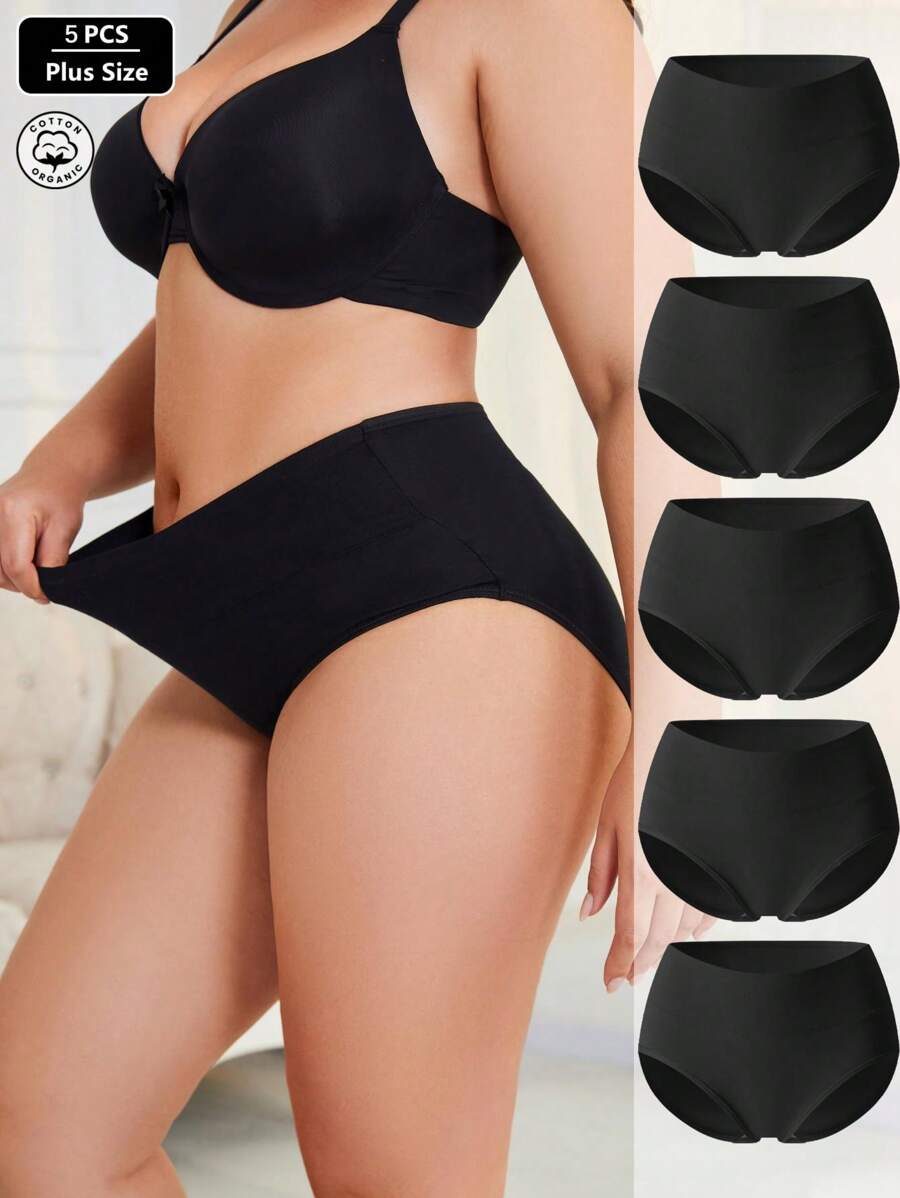 HANQIYA 5pcs/Pack Women Plus Size High Waist Cotton Solid Color Full Coverage Comfortable Casual Briefs
