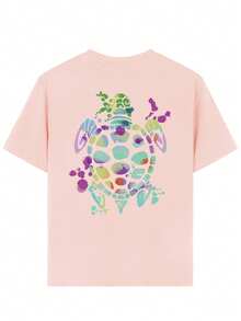 1pc Turtle Print Girls Pullover Short Sleeve T-Shirt, Student Young Girls Comfortable & Fashionable Summer Top - Pink - View 5