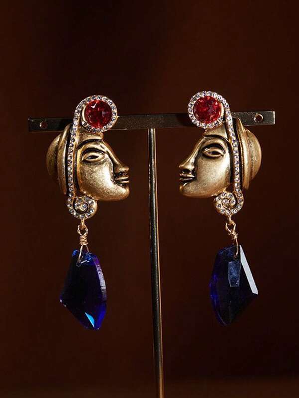 1 Pair Vintage 3D Face Earrings, Bohemian Retro Style Elegant Classic Rhinestone Earrings Pendant, Unique Face Portrait Eardrop Earrings For Women, Gift