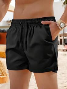 Shorts Esportivos Casuais Masculinos com Cordão na Cintura, Cor Sólida, para Uso Externo