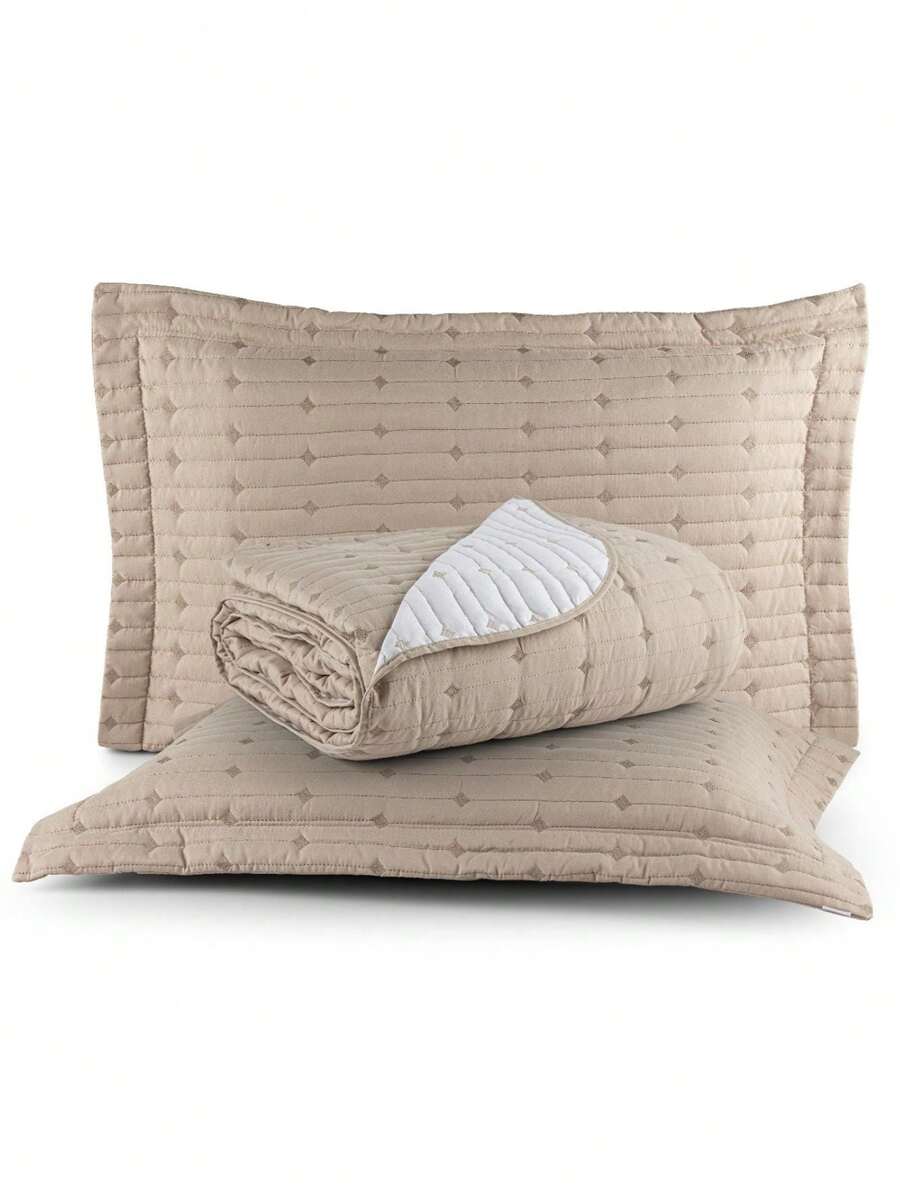 200 Thread Count Double-Sided Bedspread, Double/Queen/King/Single, Embroidered, 3-Piece Luxury Decor - 榛子 - 查看 1