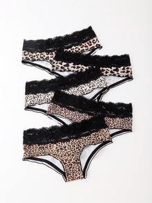 5pcs Black Lace Waistband Sexy Leopard Print Cool Silky Women's Low-Waist Bikini Briefs - Multicolor - View 3