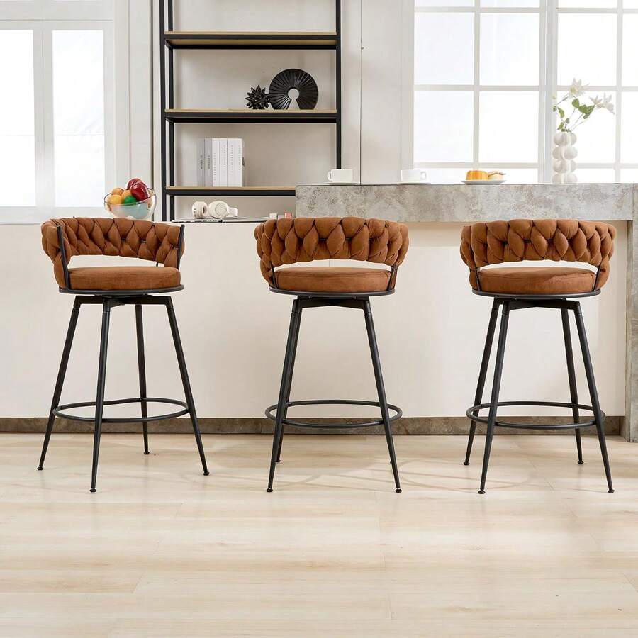 Dyhome 3pcs 28'' Modern Bar Stool, Adjustable Faux Leather Upholstered Swivel CounterStools With Woven Back,For Restaurant, Cafe, Modern Bar Stool, Thickened Seat Cushion Souare Lsland Barstools With Back - 淺棕色 - 查看 1