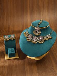 Hot Selling 2024 - 4pcs/Set Zinc Alloy Antique Bronze Tone Women Jewelry Set, 1pc Black/White Oval Crystal Glass & Faux Pearl Gold Tone Necklace, 1 Pair Elegant Earrings, 1pc Bollywood Style Forehead Chain, Perfect Gift For Casual Wear & Festivals