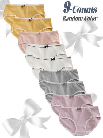 9件套女童可爱纯色舒适棉质内裤，带蝴蝶结装饰