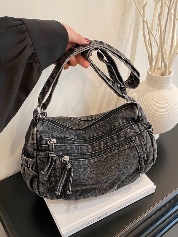Sac à épaule pour femmes en canevas de couleur unie casual à plusieurs poches