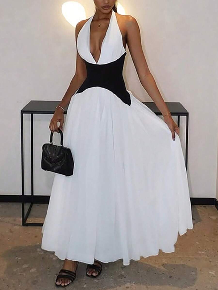 Đầm maxi nữ gợi cảm cổ chữ V hở lưng phối màu ở eo, màu trắng thanh lịch, thích hợp dự tiệc. - trắng - Xem 1