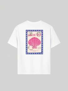 1 pièce T-shirt graphique à manches courtes et col rond décontracté pour filles, tenue estivale d'étudiante - motif coquillage et tampon, conception artistique de T-shirt inspirant l'imagination et l'expression de soi