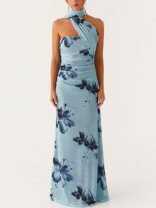 Women Floral Tube Maxi Dress With Scarf Y2k Strapless Backless Long Bodycon Dresses Formal Cocktail Sundress - Blue - View 3