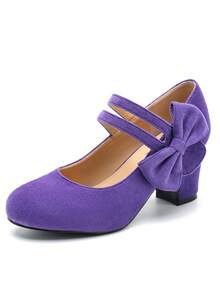 Womens Bow Heels Mary Jane Shoes Round Toe Chunky Heel Side Bow Dress Pumps - Da lộn màu tím - Xem 2
