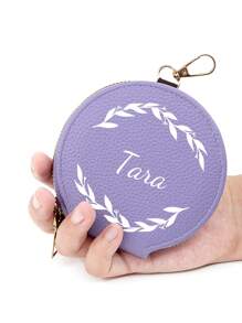 Customized Round Coin Pouch, PU Leather Mini Wallet, Personalized Wreath Text Women's Portable Coin Purse, Multi-Function Student Coin Pouch, Birthday Gift For Friends, Girlfriends