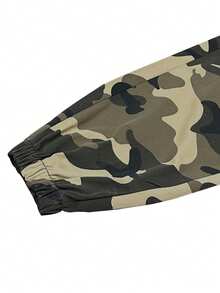 Men's Casual Camouflage Cargo Pants, 100% Polyester Non-Stretch Woven Fabric, Regular Fit, With Drawstring Waist And Flap Pockets, Outdoor Work Trousers Spring - Khaki - View 6