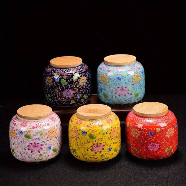 1pc Painted Ceramic Tea Canister, Spice Jar