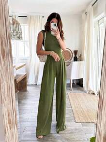 Elegante tuta estiva comoda e casual, color tinta unita minimal, senza maniche, a righe, in maglia jacquard, a gamba larga, adatta a ogni occasione
