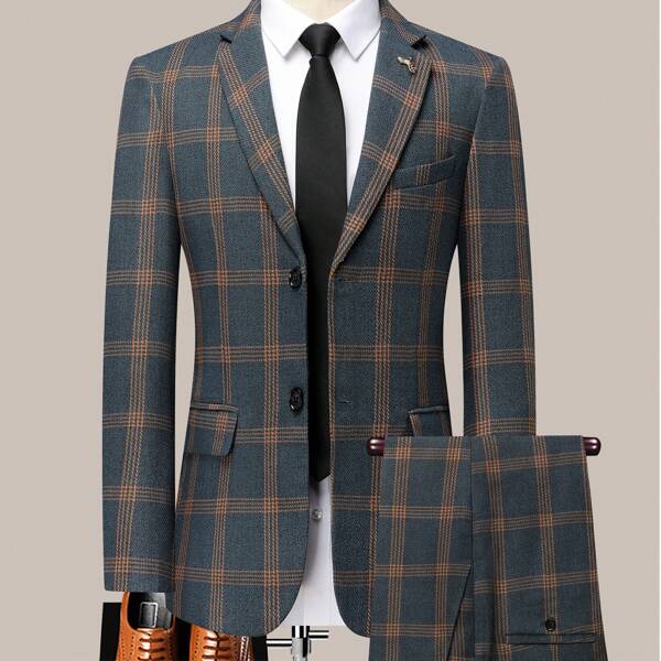 Latest Men's Checkered Suit Two-Piece Set, Four Season Style, Men's US Size Slim Fit Two-Piece Set, Wedding Banquet Dress, Business And Leisure Style