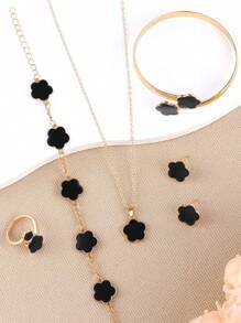 5 pièces/set Bijoux mode avec ensemble de bracelet, collier, boucles d'oreilles, bracelet et bague trèfle à quatre feuilles. Cadeau d'anniversaire haut de gamme