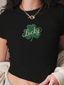 Shamrock Rhinestones Lucky Women's Fashion Short T-Shirt - 黑色 - 查看 1