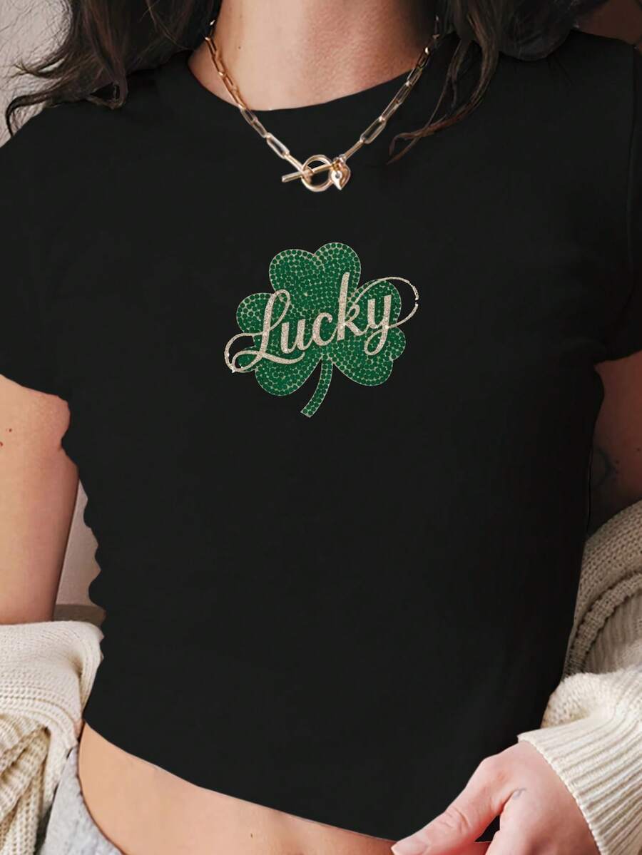 Shamrock Rhinestones Lucky Women's Fashion Short T-Shirt - 黑色 - 查看 1
