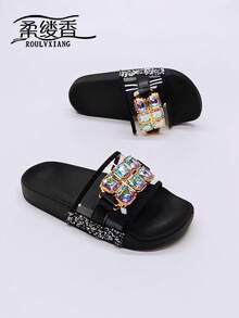 roulvxiang 新款黑色、棕色、杏色鞋子，饰有心形、星星、波点和金属扣，休闲拖鞋，适合室内、室外、沙滩、水上活动，平底凉鞋，点缀水钻亮片，女士春夏装扮 - 黑色亮片 - 查看 2