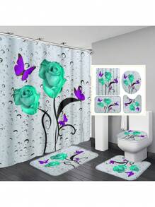 1pc/4pcs Romantic Rose & Butterfly Printed Bathroom Curtain Set, Adds Dreamy Atmosphere To Bathroom. Includes Shower Curtain With 12 Hooks, Bath Rug, U-Shaped Toilet Mat, Toilet Lid Cover, Bathroom Divider, Bathroom Accessories, Bathroom Decor